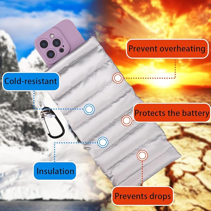 Lyreh Thermal Phone Pouch, Down Cotton Warm Phone Case Cover Bags Prevents Freezing & Overheating Protector Cellphone Pouch with Carabiner for Outdoor Camping Hiking Skiing (Silver) - Image 3