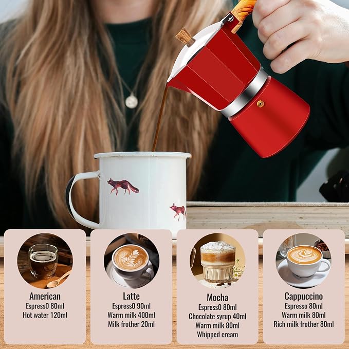 6 Cup Aluminum Moka Pot Classic Stovetop Espresso Coffee Maker 300ml 10oz Coffeemaker Percolator Mocha Pot Greca Coffee Maker Cafe Makers for Italian and Cuban Café Brewing Red - Image 7