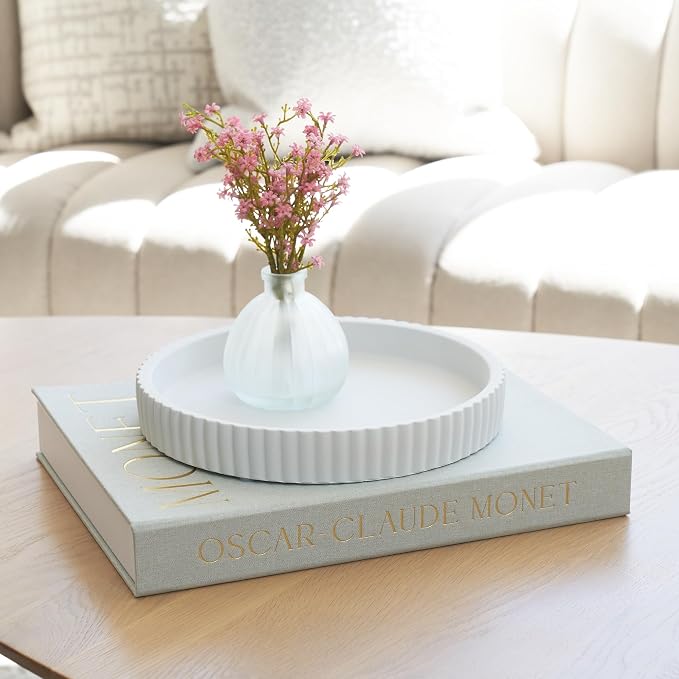 Decorative Concrete Tray & Book Decor Set - Scalloped Tray & Linen Box Enhance Your Coffee Table or Bookshelf Decor - Stylish Home Decoration for Your Living or Dining Room & as a Housewarming Gift - Image 4