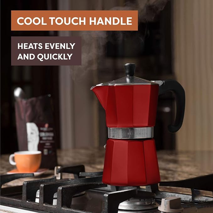Bellemain Stovetop Espresso Maker, Italian Moka Pot, 3-Cup Red | Classic aluminum design brews rich espresso at home or camping, with an easy-to-use and easy-to-clean design. - Image 5