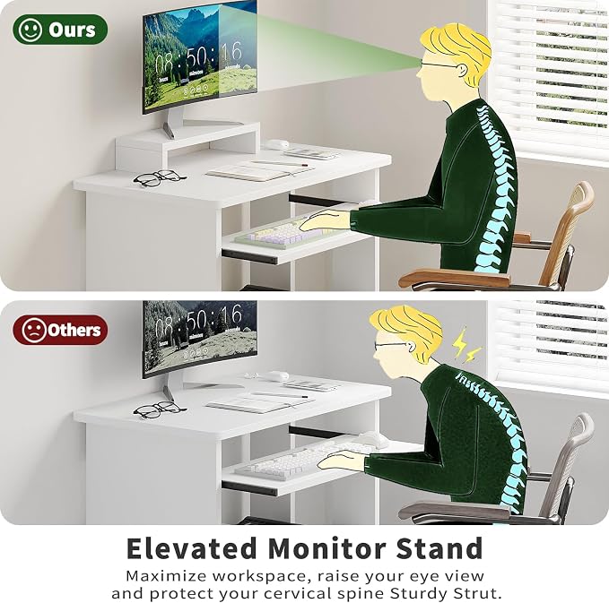 ALISENED 30 Inch Computer Desk, with Keyboard Tray & Monitor Stand | Compact Desk for Space-Saving, Ergonomic Study Desk with Storage Shelves for Writing, Gaming, Working, White - Image 7