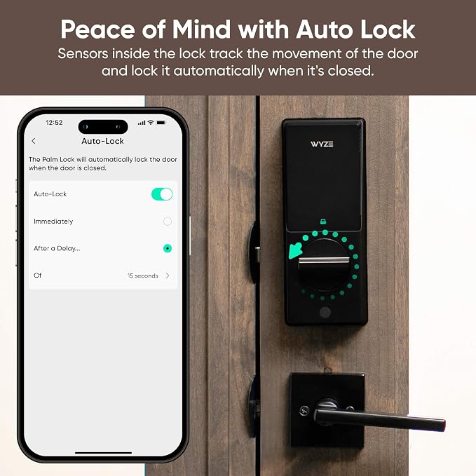 Wyze Palm Lock, Smart Door Lock with Palm Vein Recognition, Keyless Entry Smart Locks for Front Door, Keypad, Auto Lock, Dual Battery, Wi-Fi, Works with Alexa & Google, BHMA, IP53, Mechanical Key - Image 6