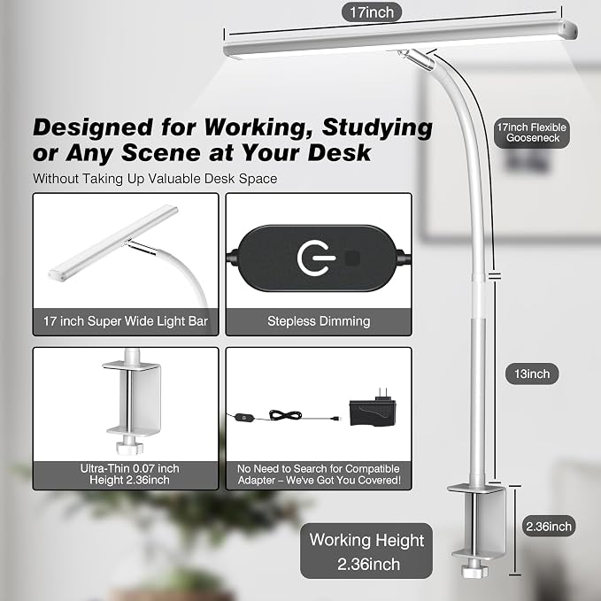 Airlonv LED Desk Lamp with Clamp, 17" Stepless Dimming Light, White | 2700K-6500K, 100 LEDs, 360° Gooseneck, Fits Up to 30" Monitors, Flicker-Free Lighting for Home Office, Study& Workbench - Image 3