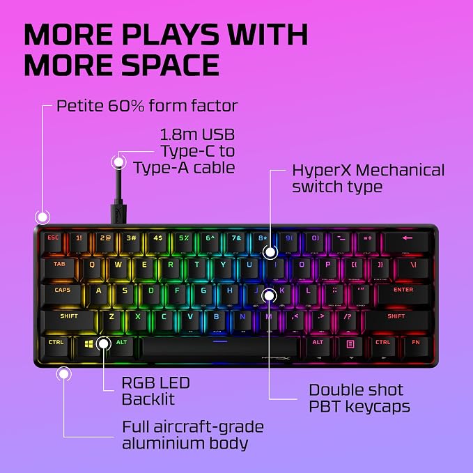 HyperX Alloy Origins 60 - Mechanical Gaming Keyboard - Ultra Compact 60% Form Factor - Tactile Aqua Switch - Double Shot PBT Keycaps - RGB LED Backlit - NGENUITY Software Compatible,Black - Image 8