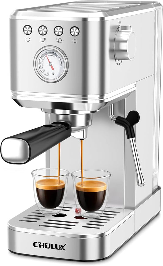 CHULUX Slim Espresso Machine with Milk Frother for Home Cappuccino & Latte | Precise Pressure Gauge, Food-Grade Materials, 20 Bar Italian Pump, Professional Temperature Control System, Stainless Steel by CHULUX
