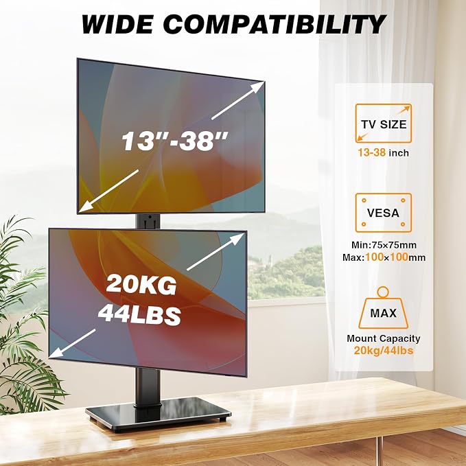Dual Monitor Stand VESA Mount for 13-38 Inch Screens up to 44lbs | Free-Standing Monitor Riser with Swivel, Tilt, Rotation & Height Adjustable, Compatible with VESA 75x75-100x100mm - Image 5