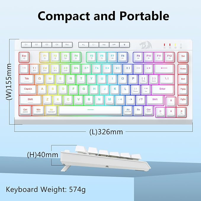 Redragon Wireless Gaming Keyboard, Portable 75% Compact,RGB Backlit, White | Bluetooth/2.4GHz/USB-C Wired, Mini Quiet Macro Membrane Keyboard, Rechargeable 4000mAh Battery, Anti-Ghosting for Win/MAC - Image 8