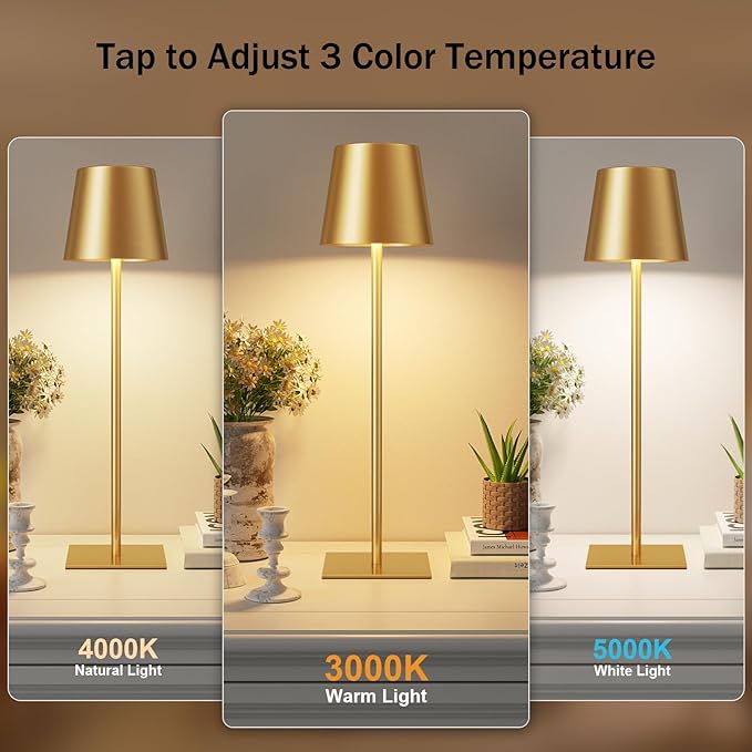 Gold Cordless Rechargeable Table Lamp, 2 Pack Portable Desk Lamp with 5000mAh Battery, Touch Control Stepless Dimming, Wireless Night Light for Dining, Outdoor Camping, Coffee Shop, Water Repellent | 5000mAh, Touch Control, 3 Color Modes Stepless Dimmi... - Image 2