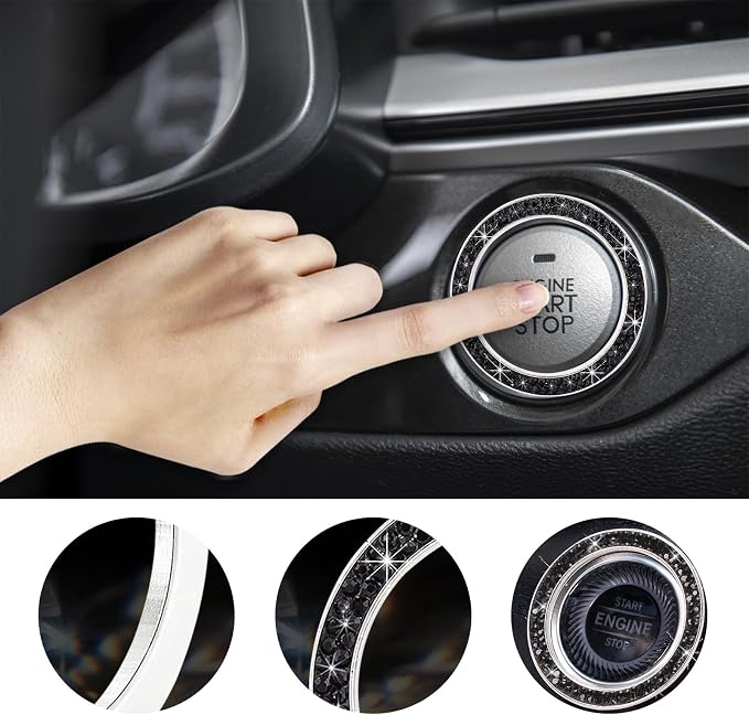 Kewucn Bling Crystal Double Rhinestone Car Engine Start Decoration Ring, Sparkling Push Start Button Sticker, Key Ignition & Knob Ring Decoration, Bling Car Interior Accessory (Black) - Image 4