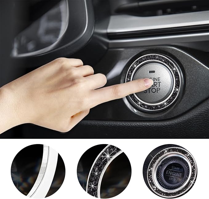 Kewucn 2 PCS Bling Crystal Double Rhinestone Car Engine Start Decoration Ring, Sparkling Push Start Button Sticker, Key Ignition & Knob Ring Decoration, Bling Car Interior Accessory(Black) - Image 4