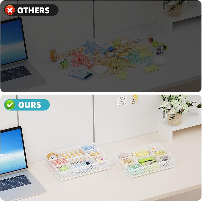 Marbrasse 2 Pack Desk Drawer Organizer, Mesh Drawer Organizer Tray with 8 Adjustable Compartments, Desk Organizers and Accessories, 5 Dividers for Office Supplies, Makeup & Vanity (White) - Image 7