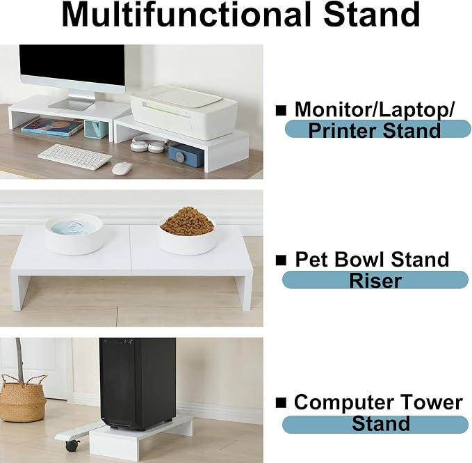 TEAMIX 2 Pack White Monitor Stand Riser - 20 inch, Wooden Desktop Stand for PC/TV/Laptop/Printer, Monitor Riser with Storage, Computer Stand with Keyboard Organizer - Image 5