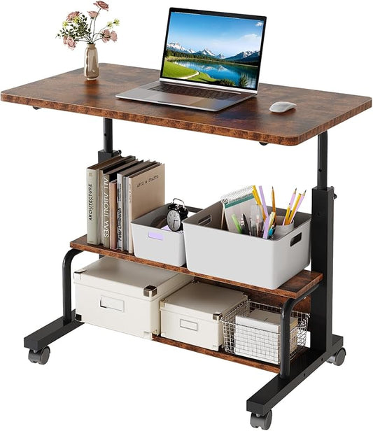 OLIXIS Rolling Desk, Storage Shelves, Laptop Table, Home Office | Height Adjustable Design, Computer Desks on Wheels, Portable for Small Spaces Use, Rustic Brown by OLIXIS