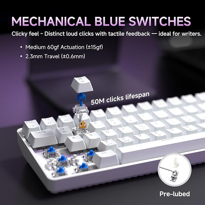 DIERYA DK68 60% Wireless Mechanical Gaming Keyboard, 3-Mode, Bluetooth 5.0/2.4G/USB-C, RGB Backlit, 68-Key Compact Mini for Windows, Mac, Linux - Clicky Blue Switch - White - Image 4
