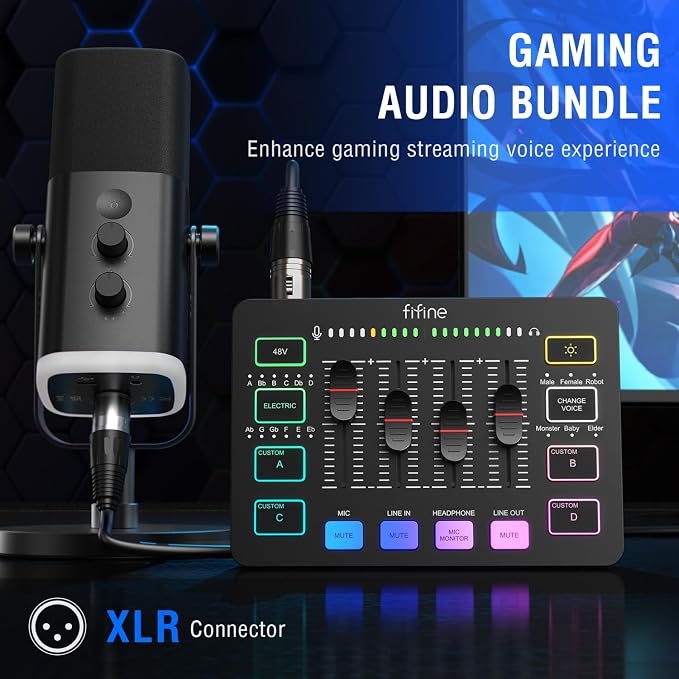 FIFINE Gaming Equipment Bundle, Dynamic XLR/USB Gaming Microphone Set with Streaming Audio Mixer for Podcast Recording Video Vocal, RGB Gamer Set with Volume Fader/XLR Interface for PC-AmpliGame KS5 - Image 2