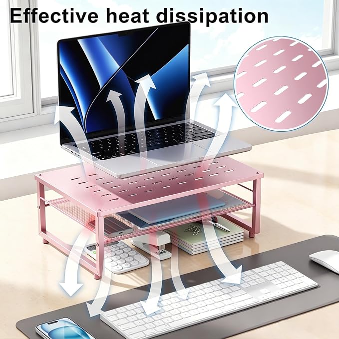 Gianotter 2-Tier Metal Monitor Stand Riser, Workspace Organizer with Desk Accessories, Office Storage for Supplies (Pink) - Image 3
