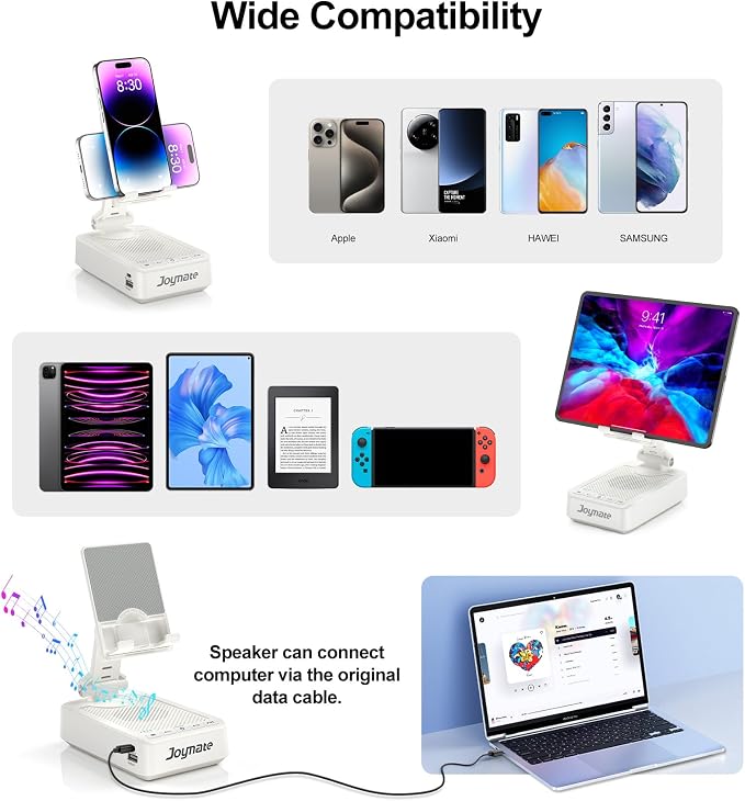 Gifts for Men Women, Bluetooth Speaker Phone Stand with Charging Function 360° Rotable Adjustable Cell Phone Holder HD Surround Sound for Desk Fits All Phones,Tablet (White) - Image 5