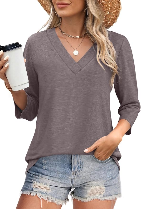 WIHOLL Womens Tops 3/4 Length Sleeve V Neck Casual Tunic Tops Basic Shirts Loose Fit Blouse - Image 2