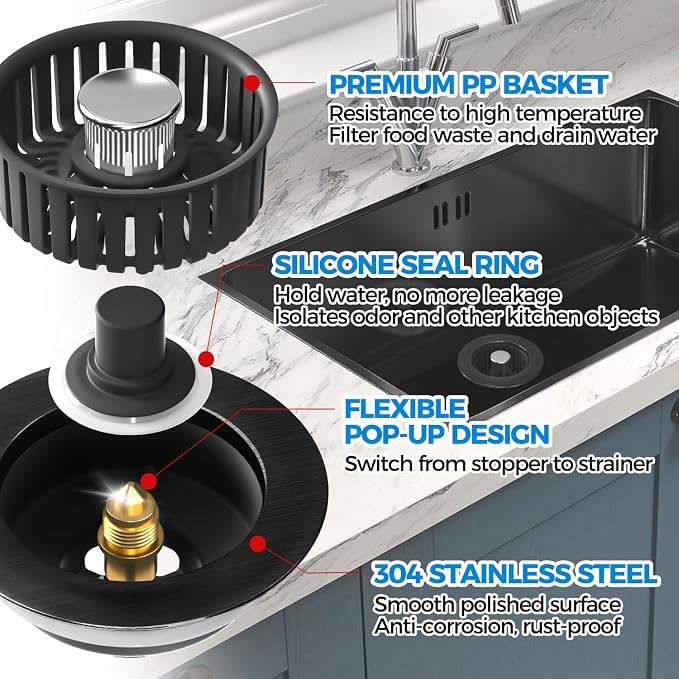 zaa 3 in 1 Kitchen Sink Drain Strainer Stopper Removable Basket Pop-Up | Kitchen Sink Accessories 1 Pack All Black Stainless - Food Catcher, Odor-Blocking Seal, Fits 3.5" Drain - Image 5