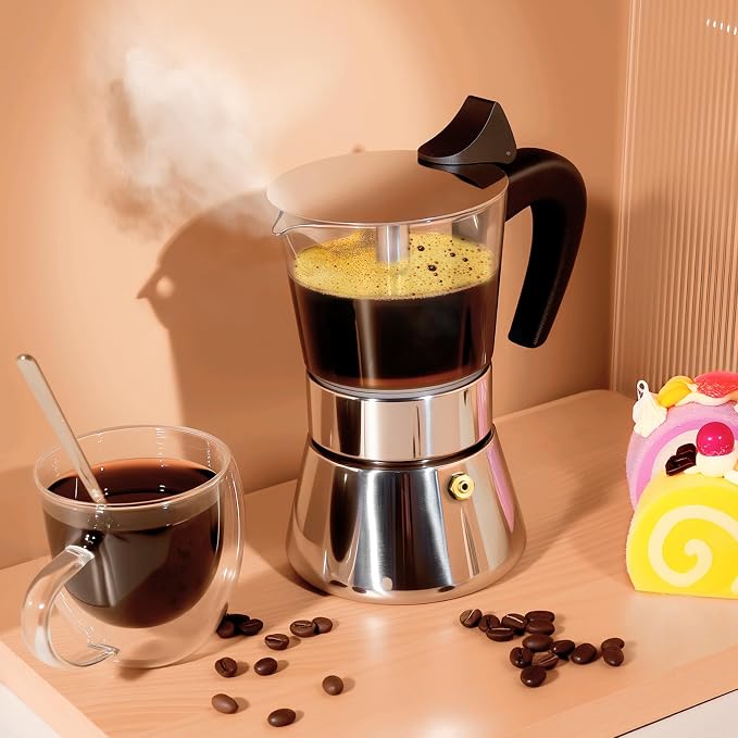 4 Cup 200ml Glass Moka Pot, Stovetop Espresso Maker, Silver | Crystal Glass-top & Stainless Steel Coffee Maker, Induction Compatible, for Greca de Cafe, Cuban and Italian Coffee Brewing - Image 6