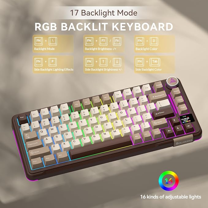 SOLAKAKA A75 PRO 75% Wireless Mechanical Keyboard with Screen and Knob, Tri-Mode Hot Swappable Gaming Keyboard, RGB Backlit Gasket Creamy Pre-lubed PBT Computer Keyboard for PC/Mac/Win,Brown - Image 9