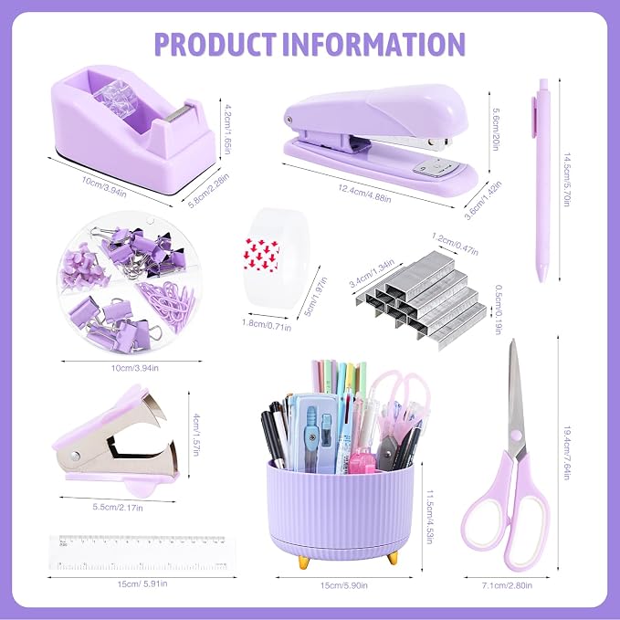 Gawsey Purple Desk Organizers and Accessories with Desk Organizer 360° Rotating Pen Holder and Office Supplies, Cute Stationery Supplies Set - Image 2