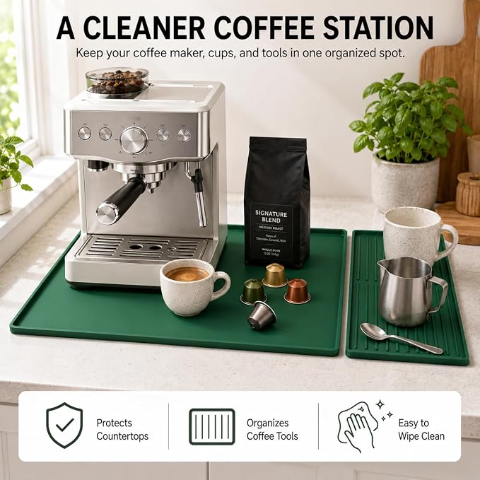 Silicone Coffee Mat 24 x 16 in with Tray, Deep Forest Green | Coffee bar mat for countertop use, coffee station mat or coffee machine mat with removable tray and 0.47 in raised rim. - Image 2