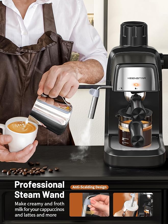 KEENSTAR 3.5Bar Espresso Machine 800W, Compact 4-Cup Espresso Maker Preheat | Fast Heating, Milk Frother Steam Wand, Espresso and Cappuccino Machine for Cappuccino or Latte Black - Image 3