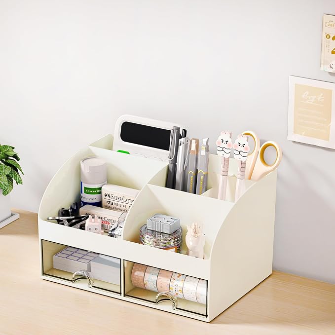 COMFYROOM Desk Organizer with 6 Compartments and 2 Drawers, Plastic Makeup Organizer, Pen Holder for Desktop Storage, Desk Organization for School, Home, Office Supplies (Ivory) - Image 6