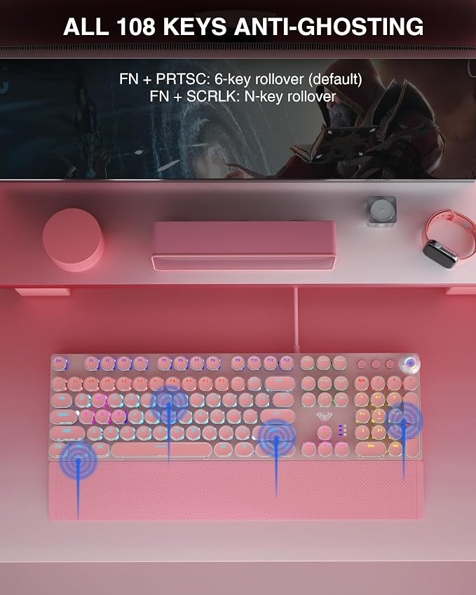 AULA F2088 Typewriter Mechanical Keyboard, Pink Retro Wired Gaming Keyboard with Blue Switches, Rainbow Backlit, Round Keycaps, Media Knob & Removable Wrist Rest - Image 6