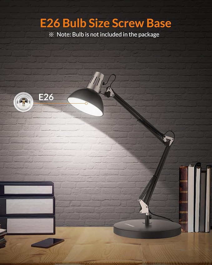 LEPOWER Metal Adjustable Desk Lamp with Clamp, Swing Arm for Home Office | Gooseneck, Architect Style, Eye-Caring Table Lamp, On/Off Switch, E26 Base, Reading for Dorm, Bedroom, Study, Back to School - Image 5