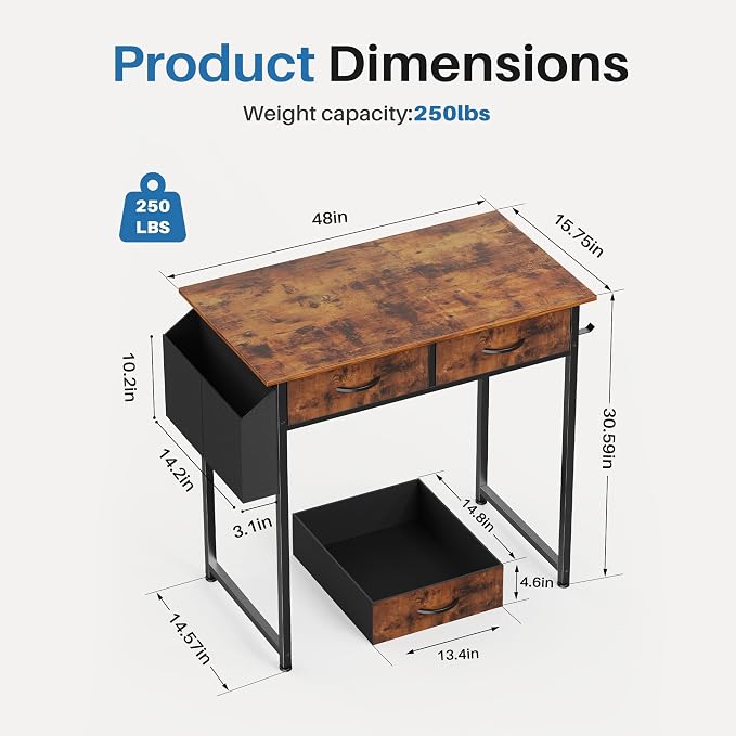 OLIXIS 32 Inch Small Desk, Computer Desk, Fabric Drawers | Side Bag, Headphone Hook, Work Table for Home Office Bedroom, Gaming, Brown - Image 3