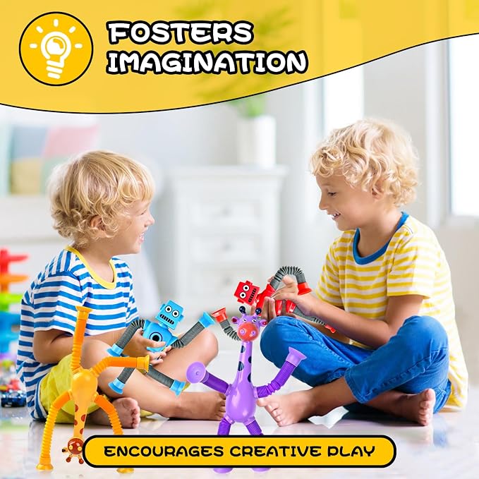 8pc Robot Giraffe Sensory Travel Toys for Toddlers Boy Ages 3 4 5 6 7 8, Airplane Activities Suction Autism Pop Tube Fidget Autistic Stocking Easter Basket Stuffer Valentine Gift for Kids - Image 6