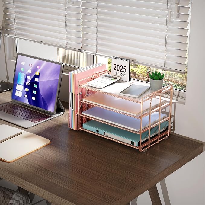 gianotter 4-Tier Paper Organizer With Magazine Holder | Desk Organizers and Accessories, File Organizer for Office Supplies Storag (Rose Gold, 4-Tier) - Image 7