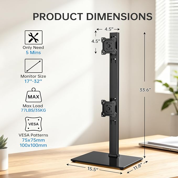 Vertical Dual Monitor Stand for 13-32 Inch Monitors, No Clamp, Freestanding | Supports 44 lbs/Arm | Tempered Glass Base | ±25° Swivel | -5° to +10° Tilt | 8 Height Options | VESA 75×75/100×100 mm - Image 2