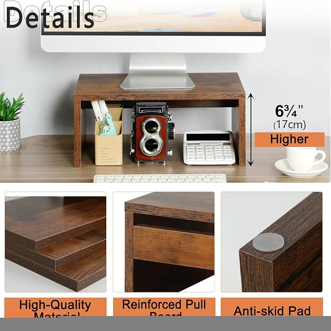 TEAMIX 6.7 inch Tall Monitor Stand Riser, Wood Shelf Riser, Desk Organizer | Laptop/Printer/Computer Stand, Extra Storage Underneath,Hold 80 Lbs, Rustic Design, Smooth Espresso Finish, for Home Office - Image 3