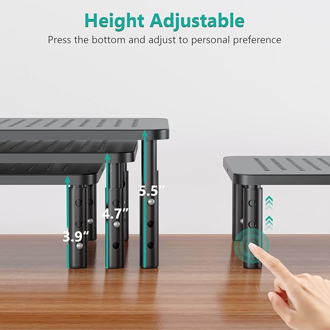 WALI Dual Monitor Stand for Desk, Desk Monitor Riser 3 Height Adjustable, Laptop Riser with Airflow Vents, Desk Organizer for Computer, Laptop, Printer, Notebook (STT003-2), 2 Pack, Black - Image 2