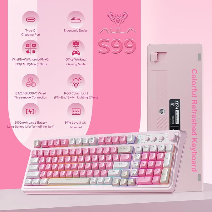AULA 99 Key Keyboard, Wireless Pink Gaming Keyboard Creamy with Number Pad | Membrane Keyboard,RGB Backlit,Tri-Mode BT/2.4GHz/USB-C,2000mAh Rechargeable Thocky Clicky Creamy Sound Computer Keyboards - Image 2