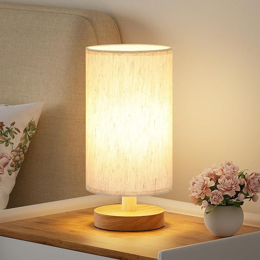 Fenmzee 9" Small Table Lamp for Bedroom - Inline Control with 3000K Blub | Cream Shade and Wood Base | 680 Lumens | Easy Assembly | Minimalist Design | E26 | for Kitchen | for Kids Room by Fenmzeelighting