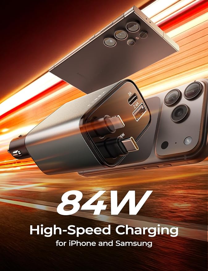 LISEN Retractable Car Charger, 84W Car Charger USB C Fast Charge, Multi Cigarette Lighter Adapter, 4 in 1 Car Accessories Birthday Gifts for Men Women Dad Mom Husband, for iPhone 17 16 15 14 13 12 X - Image 8
