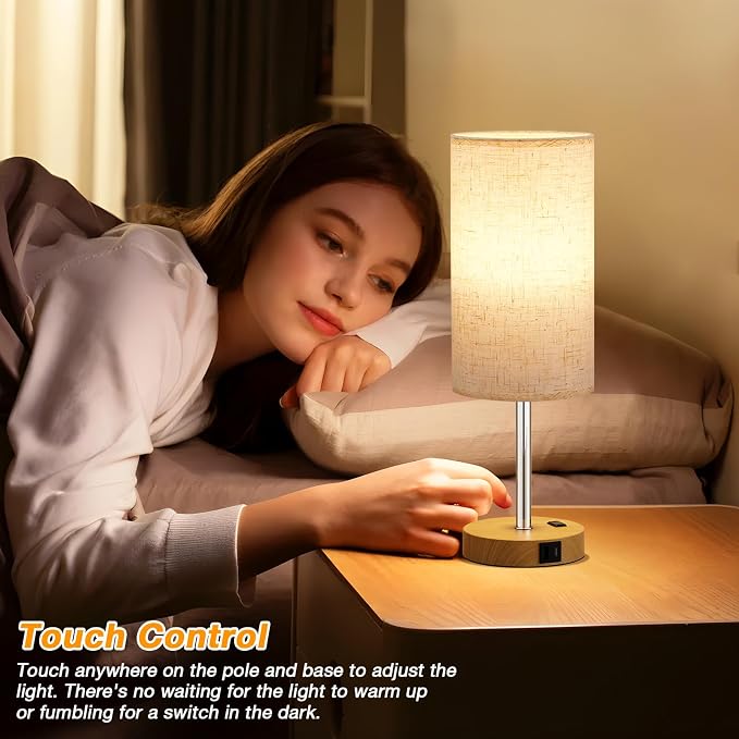 Dicoool 17.4" Bedside Lamp for Bedroom - Dimmable Touch, USB A+C, AC Outlet | LED Bulb Included, 3-Way Dimmable, 17.4" Table Lamp for Guest Room, Living Room, Fabric Lampshade, Wood-Grain Metal Base - Image 5
