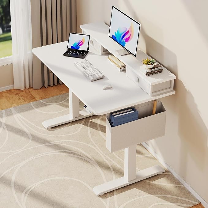 White Electric Standing Desk with Drawers - 40 Inch Small Standing Desk with Shelf Monitor Stand Storage Height Adjustable for Home Office, Study Writing Girls Computer Sit Stand Desks for Bedroom - Image 6