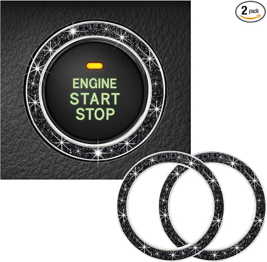 Kewucn 2 PCS Bling Crystal Double Rhinestone Car Engine Start Decoration Ring, Sparkling Push Start Button Sticker, Key Ignition & Knob Ring Decoration, Bling Car Interior Accessory(Black) by Kewucn