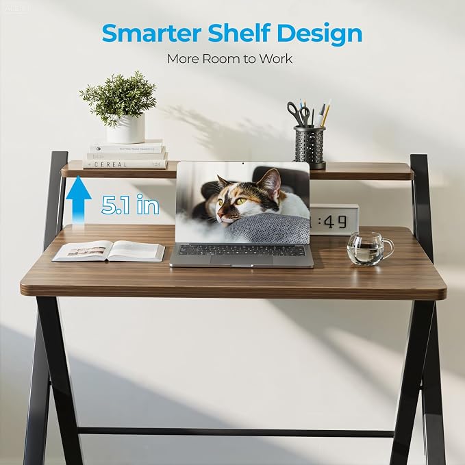 GreenForest Folding Desk No Assembly, Sturdy Computer Desk for Small Spaces | Portable Foldable Table for Laptop, 2-Tier Compact with Shelf, Space Saving for Home Office, Dorm, Apartment, 27"x 22" Walnut - Image 5