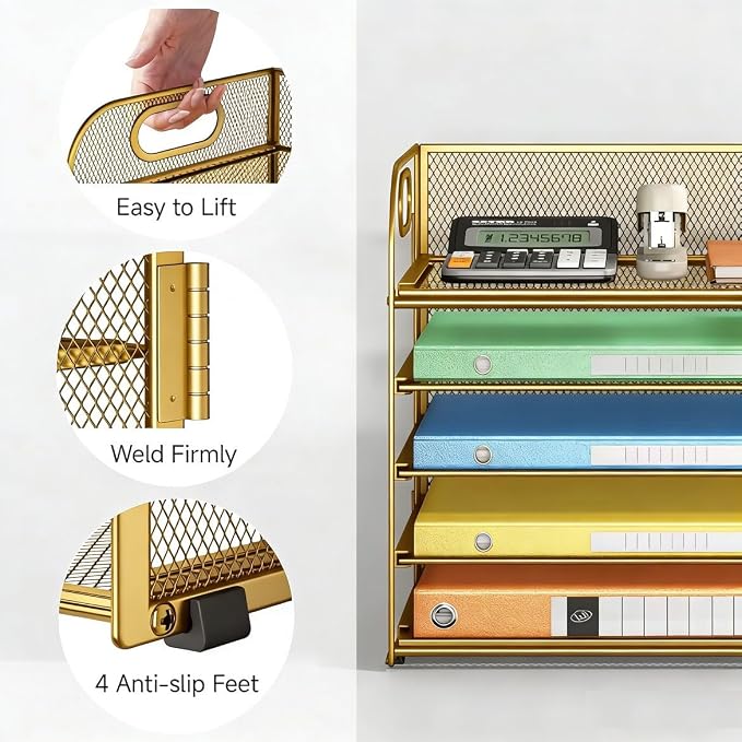 Lavatino Desk Paper Organizer Trays, Gold 5-Tier Mesh File Folder Sorter with Handles, Letter Holder Organizer for Office, Home, School Supplies Storage & Organization - Image 2