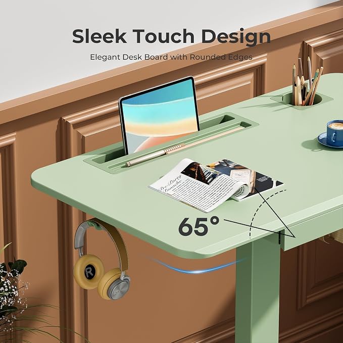 28" Mobile Standing Desk with Drawer, Portable Laptop Desk | Rolling Desk with Cup Holder and Hooks, Height Adjustable Computer Cart with Storage, Lockable & Hidden Wheels, Sage Green - Image 9