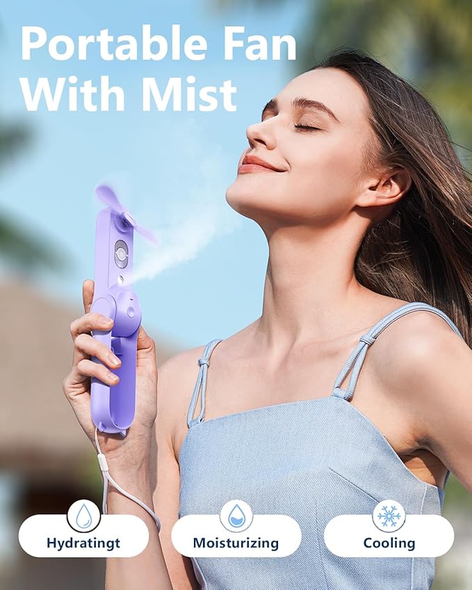 SWEETFULL Portable Misting Fan, Handheld Personal Mister, Rechargeable Mini Spray Water Mist, for Kids Women Travel, Outdoors, Hiking, Camping, Home Office (Purple) - Image 2