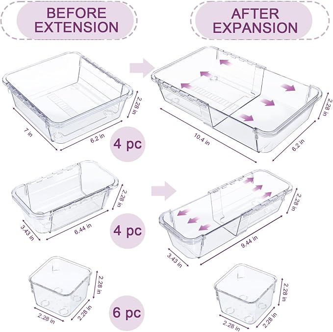 14 Pcs Clear Drawer Organizer, Adjustable Drawer Storage Box, 3-Size Desk Drawer Organizer, Acrylic Storage Bins for Makeup, Cosmetic, Kitchen Utensils, Bedroom Dressers Tool Organizer for Gadgets - Image 2