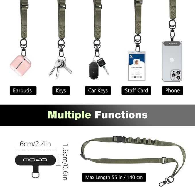 MoKo Universal Phone Lanyard, Nylon Adjustable Cell Phone Crossbody Strap Detachable Women & Men Cellphone Lanyards Around the Neck with Patches for iPhone, Most Smartphone, Army Green - Image 6