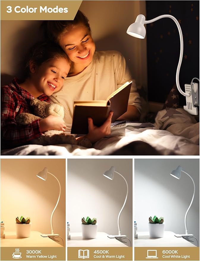 LiFMIRA Clip on Lamp USB Reading Light, Desk Lamp with Clamp White | 3 Color Modes, 10 Dimmable Brightness Eye Care Clamp Lamp with Flexible Gooseneck for Reading in Bed Desk Headboard Computer - Image 2